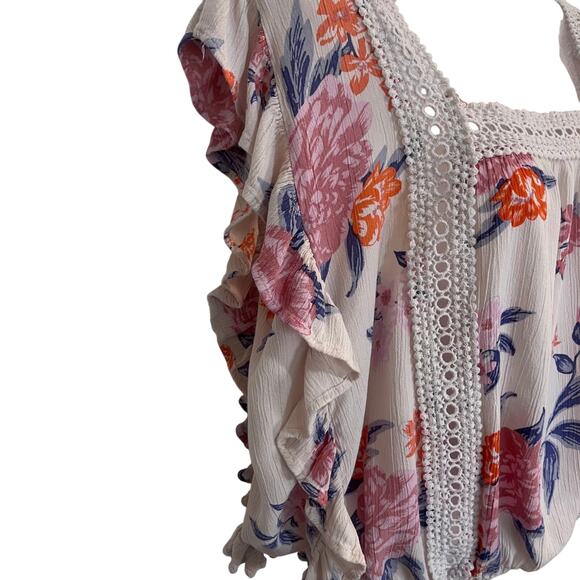 Angie Square Neck Crochet Crinkle Floral Flutter Ruffle Blouse Top Cream Large - Picture 4 of 7